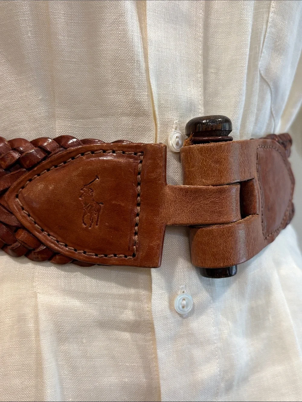 Vintage Ralph Lauren Braided Leather Wood Peg Waist Belt XXS/XS *As-Is* - Picture 2 of 12